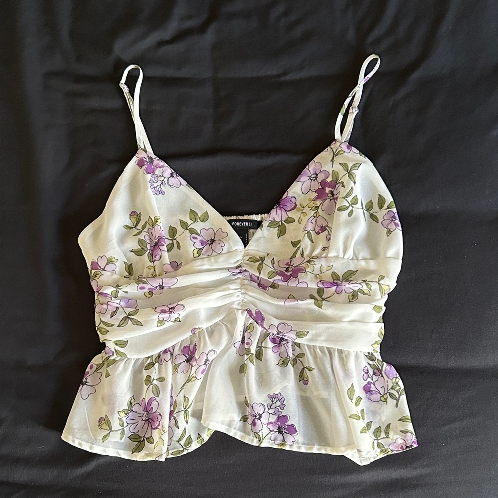 Forever 21 White Floral Peplum Cami with Purple Flowers